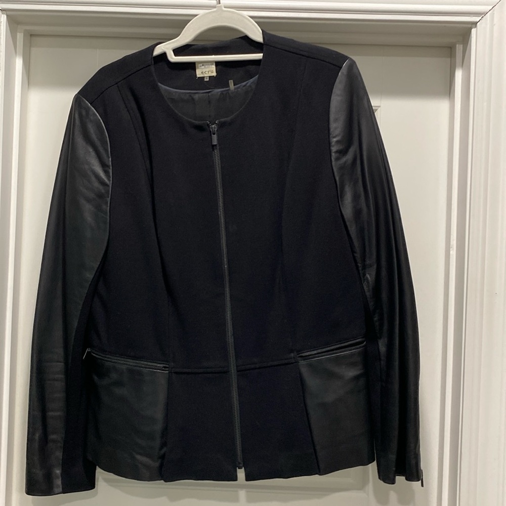 Leather and flannel zip blazer. Black, like new.